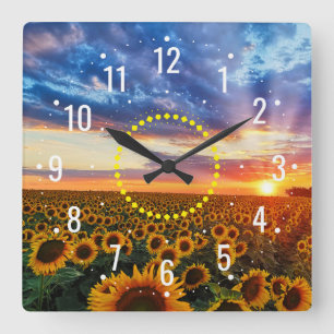 Reloj Cuadrado Atardecer con belleza de girasoles - Rústico exter