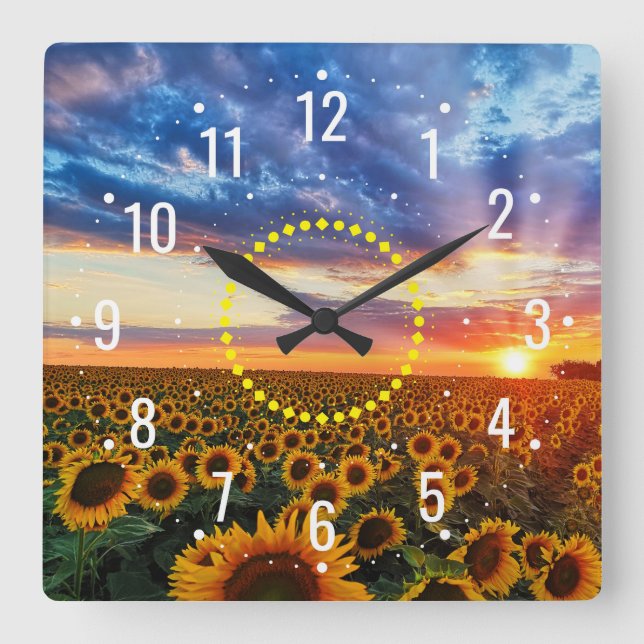 Reloj Cuadrado Atardecer con belleza de girasoles - Rústico exter (Anverso)