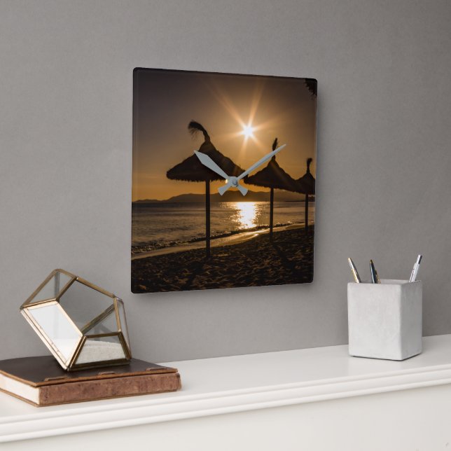 Reloj Cuadrado Atardecer en la playa, Mallorca, España (Oficina)