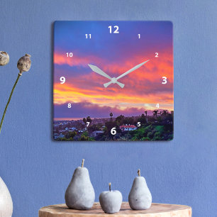 Reloj Cuadrado Atardecer rosa azul nubes moderno foto hermosa