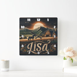 Reloj Cuadrado Atardecer sobre granja con caballos y granjas en l