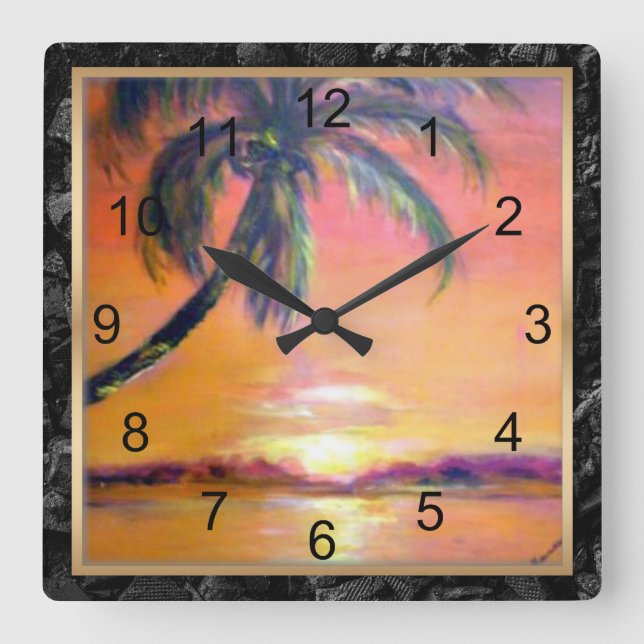 Reloj Cuadrado Atardecer tropical, pintura artística fina (Anverso)