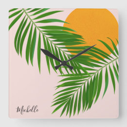 Reloj Cuadrado Atardecer Tropical Retro Hojas de Palma Minimalist