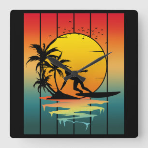 Reloj Cuadrado Atardecer Vintage Surfing Surfista Océano Oleaje
