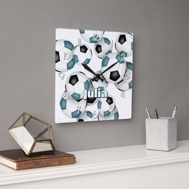 Reloj Cuadrado Atleta personalizado nombre fútbol negro verde azu (Oficina)