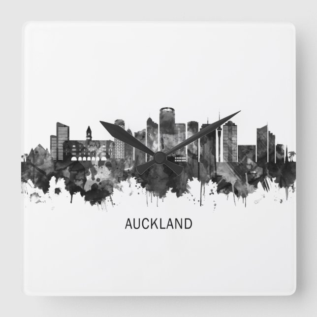 Reloj Cuadrado Auckland New Zealand Skyline BW (Anverso)