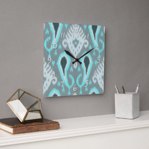 Reloj Cuadrado Audaz patrón de arte tribal ikat azul gris turques