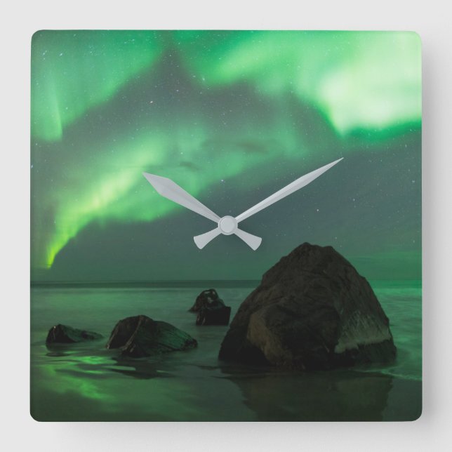 Reloj Cuadrado Aurora Borealis | Lofoten Beach Norway (Anverso)
