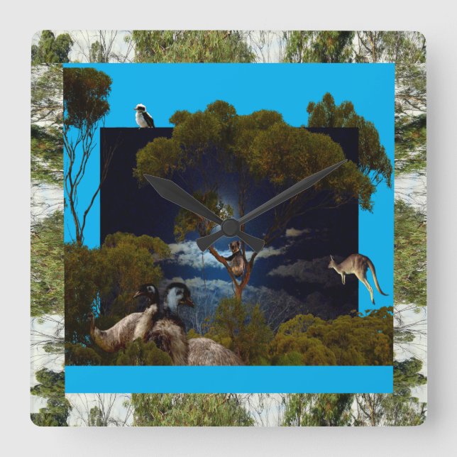 Reloj Cuadrado Australia Koala, Emu, Kookaburra, Design, (Anverso)