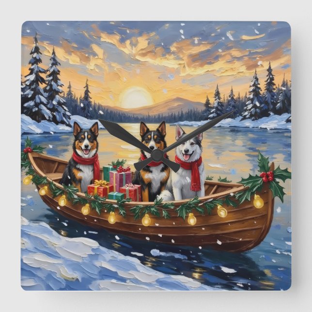 Reloj Cuadrado Australian Cattle Dog Christmas Boat Holiday (Anverso)
