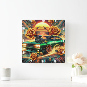 Reloj Cuadrado Auto muscular de inspiración retro con arte floral