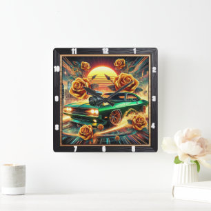 Reloj Cuadrado Auto muscular de inspiración retro con arte floral