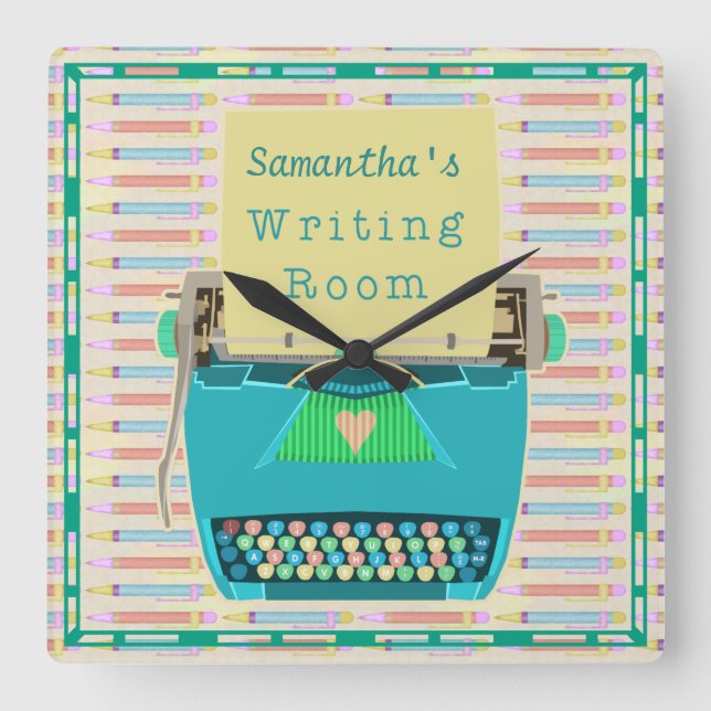 Reloj Cuadrado Autor de escritura de máquina de escribir azul per (Anverso)