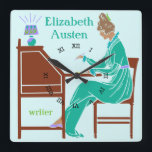 Reloj Cuadrado Autora de Art Deco en escritorio en Verde azulado<br><div class="desc">Este reloj de pared cuadrado personalizado tiene un estilo Art Decó vintage. Una mujer negra vestida con un vestido verde azulado se sienta en un escritorio con un bolígrafo levantado mientras una lámpara brilla a su lado. El fondo es azul verdoso y claro. La mujer parece ser de los siglos...</div>