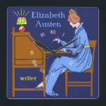 Reloj Cuadrado Autora de Art Deco Lady en la mesa de escritura en<br><div class="desc">Este reloj de pared cuadrado personalizado tiene un estilo Art Decó vintage. Una mujer con un vestido azul se sienta en un escritorio con un bolígrafo levantado mientras una lámpara brilla a su lado. El fondo es azul oscuro. La mujer parece ser de los siglos XIX o XX. El diseño...</div>
