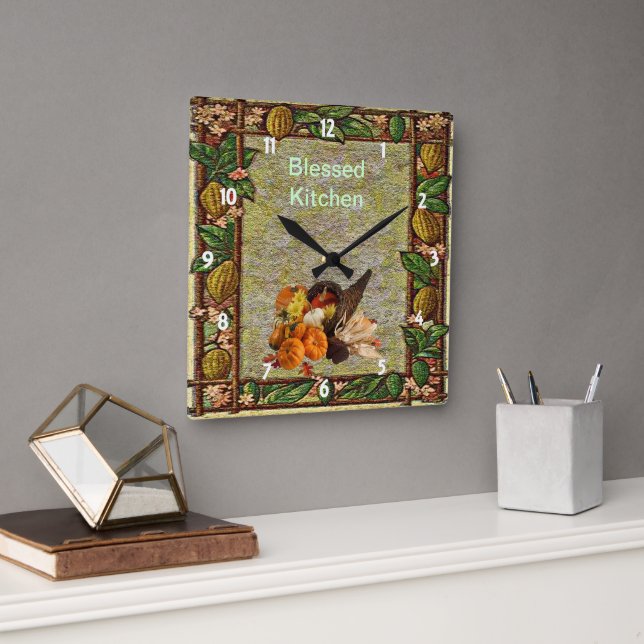 Reloj Cuadrado Autumn Blessn Harvest Cornucopia Wall Clock (Oficina)