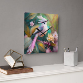 Reloj Cuadrado Ave de Rubor con cresta blanca Jay Fantasy