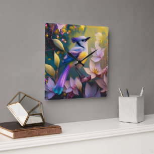 Reloj Cuadrado Ave Fantasía Amarilla Violeta Tufted