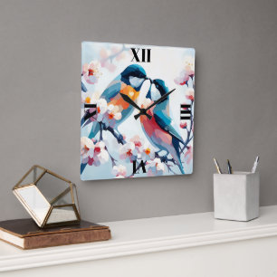Reloj Cuadrado Aves amorosas en flor