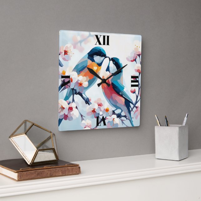 Reloj Cuadrado Aves amorosas en flor (Oficina)