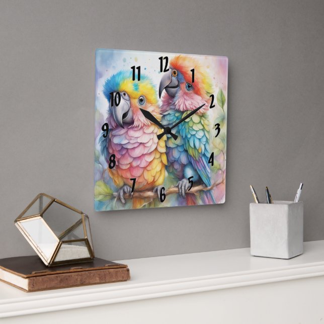 Reloj Cuadrado Aves arcoiris loros 1 (Oficina)