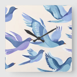 Reloj Cuadrado Aves azules volando | Acuarela moderna