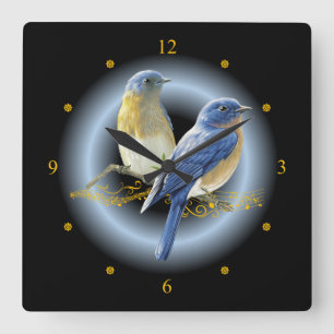 Reloj Cuadrado Aves azules y de paja ~ Oro Musical Scroll ~ * ~ ~