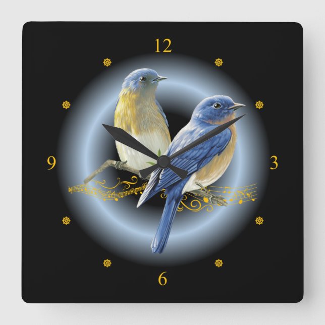 Reloj Cuadrado Aves azules y de paja ~ Oro Musical Scroll ~ * ~ ~ (Anverso)