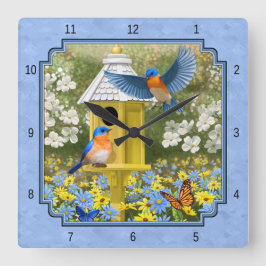 Reloj Cuadrado Aves azules y hogar hexagonal azul