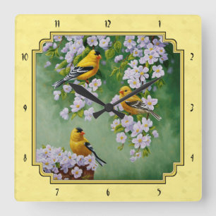 Reloj Cuadrado Aves de Goldfinch y flores de Apple amarillo