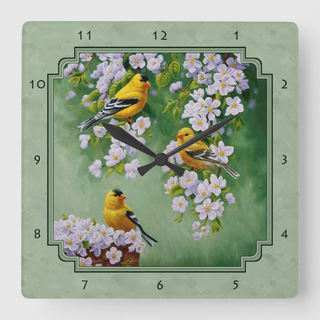 Reloj Cuadrado Aves de oro y flores verdes (Anverso)