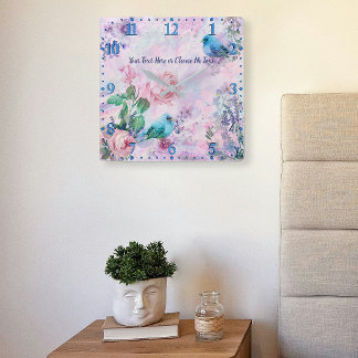 Reloj Cuadrado Aves florales de primavera Rosa de flores silvestr