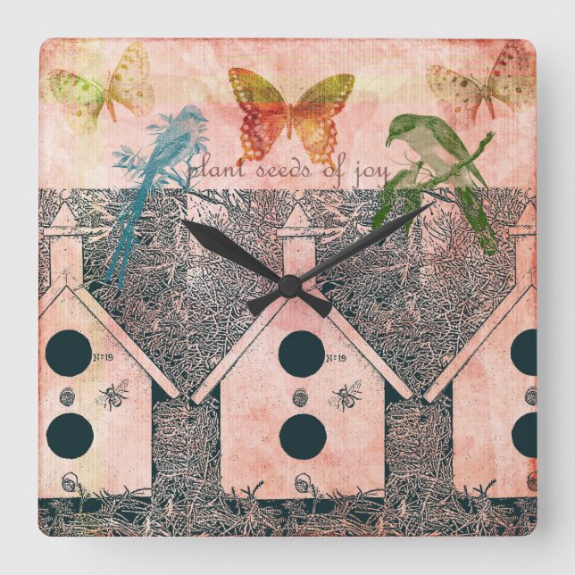 Reloj Cuadrado Aves inspiradas con casas de aves (Anverso)