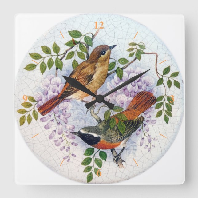 Reloj Cuadrado Aves porcelanas. (Anverso)