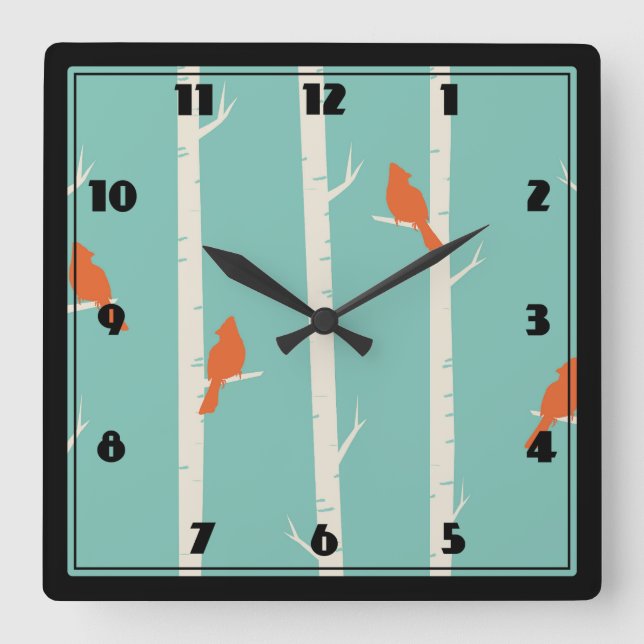 Reloj Cuadrado Aves retro Naranjas en el Ilustracion de los Birch (Anverso)