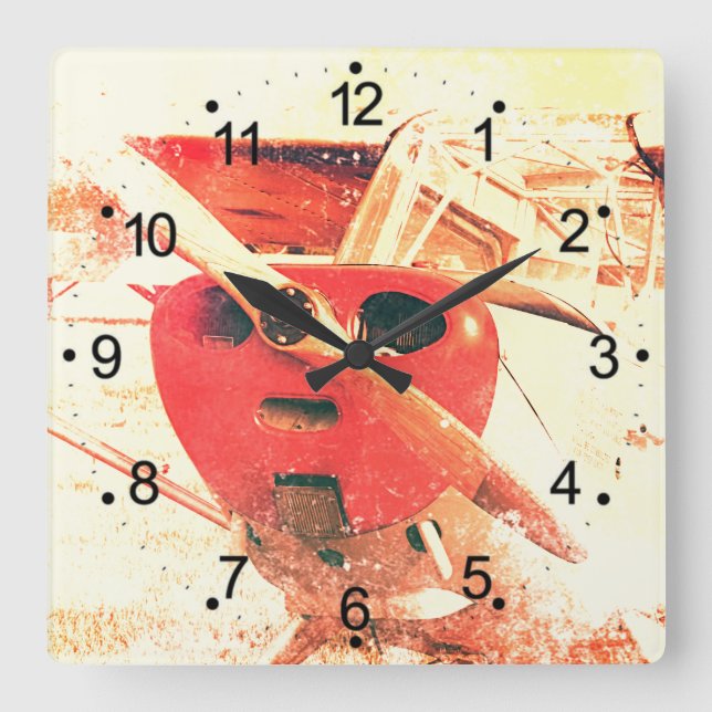 Reloj Cuadrado Avión antiguo Retro rojo amarillo (Anverso)