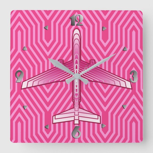 Reloj Cuadrado Avión Art Déco, Fuchsia y Rosa Pastel (Anverso)