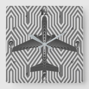 Reloj Cuadrado Avión Art Deco, gráfico y gris plateado