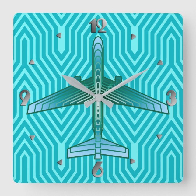 Reloj Cuadrado Avión Art Déco, Turquesa, Verde azulado y Aqua (Anverso)