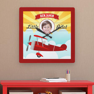 Reloj Cuadrado Avión Rojo Pequeño Piloto Nombre Foto Habitación I