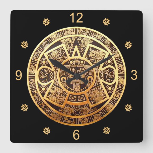 Reloj Cuadrado Aztec Sun Calendar ~ Gold & Black ~ (Anverso)