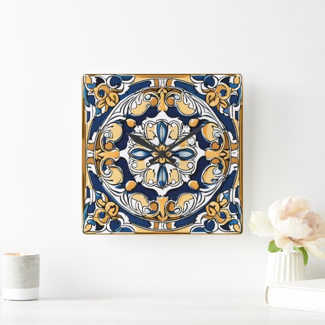 Reloj Cuadrado Azul Amarillo Blanco Negro Azuleju Español Marroqu (Hogar)