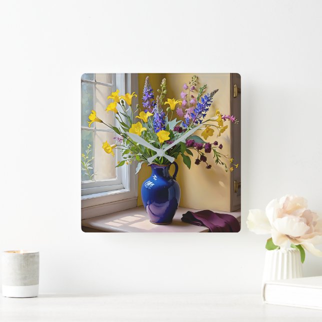 Reloj Cuadrado Azul amarillo morado florece arte (Hogar)