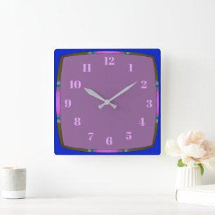 Reloj Cuadrado Azul con borde arcoiris y centro de malva