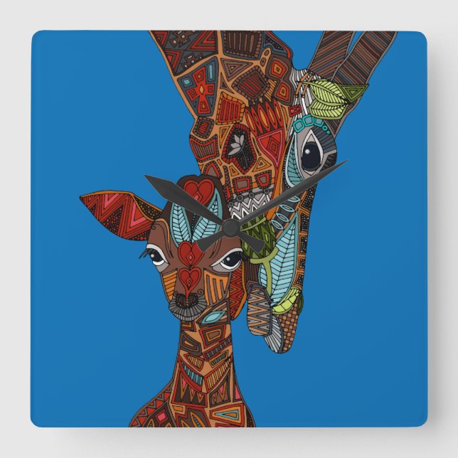 Reloj Cuadrado azul del amor de la jirafa (Anverso)