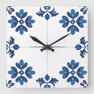 Reloj Cuadrado Azul Índigo Azulejo Portugués Lisboa Decorativo