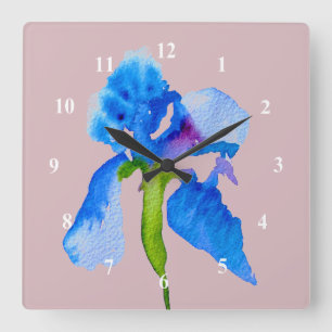 Reloj Cuadrado Azul Iris arte moderno de acuarela floral