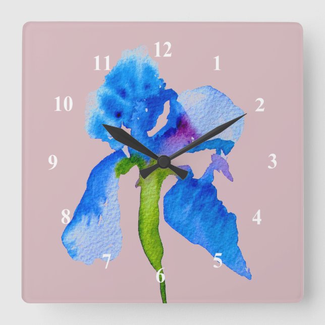 Reloj Cuadrado Azul Iris arte moderno de acuarela floral (Anverso)