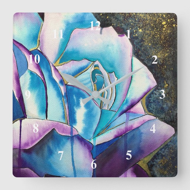 Reloj Cuadrado Azul morado gótico acuarela arte rosa (Anverso)