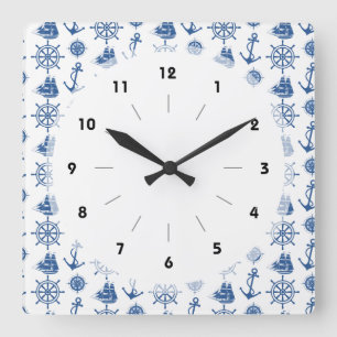 Reloj Cuadrado Azul náutico y blanco del ancla del tema